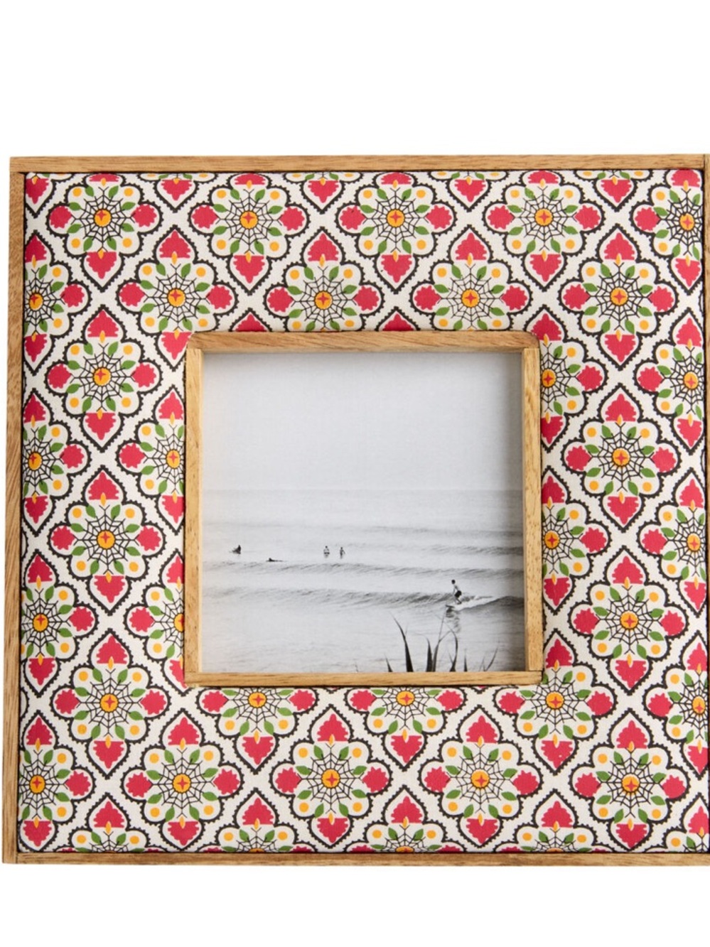 NWT World Market 4” Square Slate & Fuchsia Fabric Block Print Picture Frame